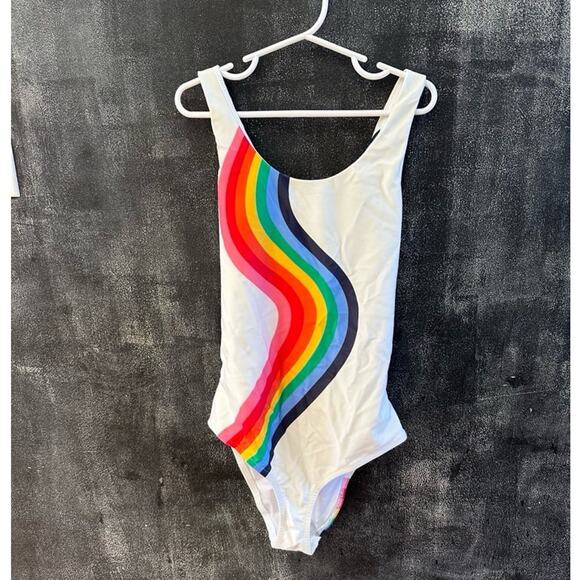 Milly Minis One Piece Swimsuit White Wavy Rainbow Stripe Made in USA Size 12 - Picture 6 of 9